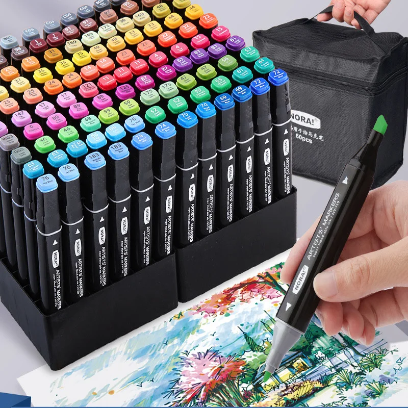 Illustration Marker Set - 30/60 Kleurstiften Tweekoppige Vierkante Penhouder Student